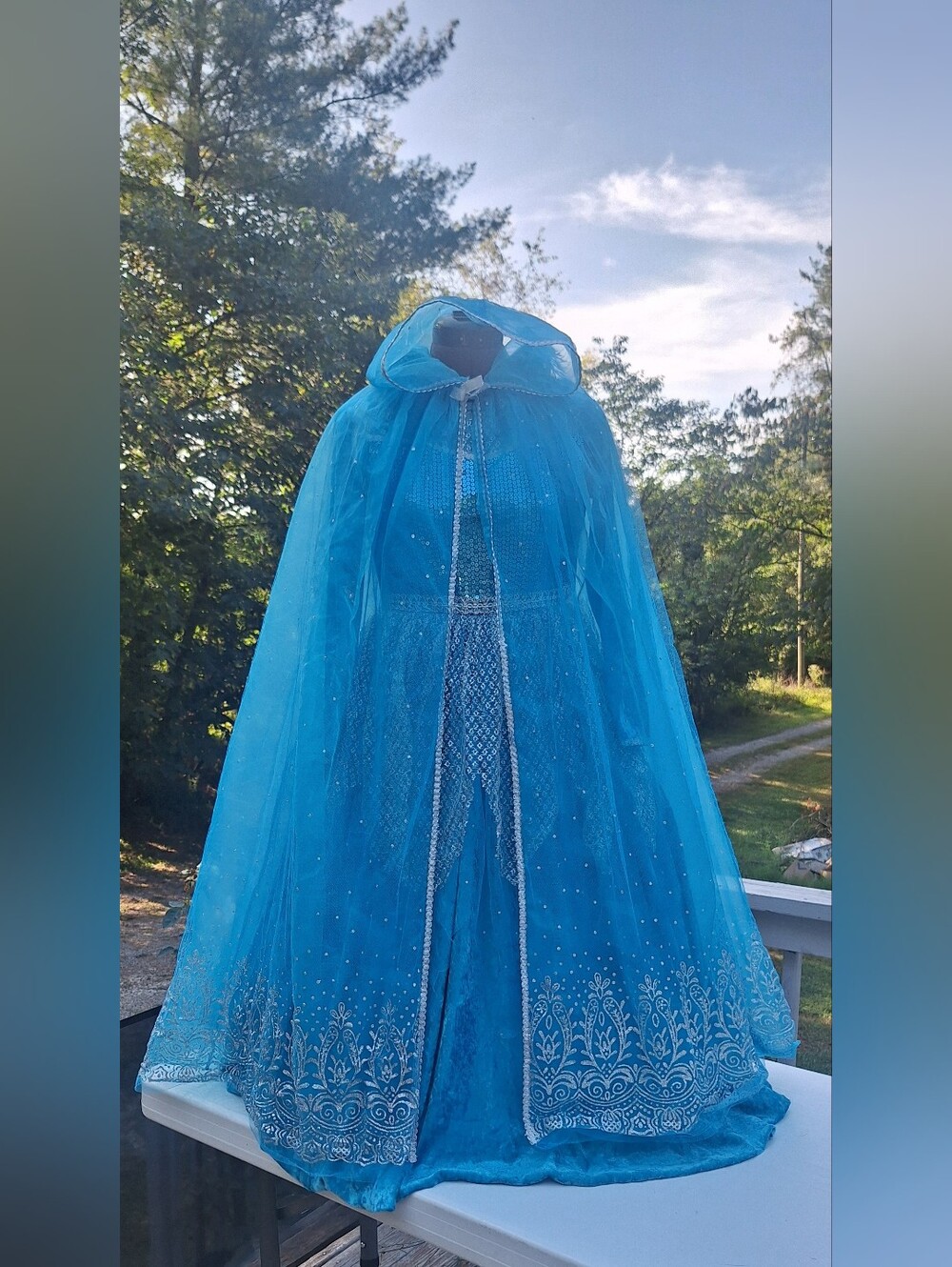 Blue Sequined Halloween Princess Gown  Dress w/ Hooded Cape Girls 7 / 8 Costume